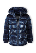 Girls padded jacket in navy with metallic shine, front view, featuring a hood and full-length zipper.