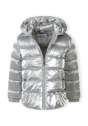 Girls padded jacket in metallic silver, front view with hood and zip closure.