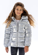 Girls padded jacket in metallic silver, front view, featuring a hood and front zipper.