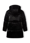 Girls midi length padded jacket, shiny black, back view with hood and distinctive badge.
