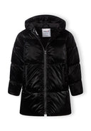 Girls midi length padded jacket, shiny black, front view, features hood and zip.