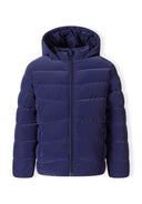 Girls padded jacket in navy, front view with full zip and ribbed cuffs.
