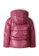 Back view of a girls padded reversible jacket in metallic purple with a hood.