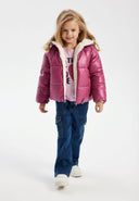 Girls padded reversible jacket in metallic purple, front view with plush teddy lining.