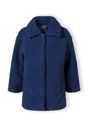 Girls sherpa boucle jacket in blue, front view with a collar and concealed popper fastening.