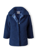 Girls blue sherpa boucle jacket, front view with satin lining and concealed popper fastening.