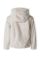 Back view of a girls reversible beige teddy fur jacket with a hood.
