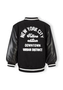 Boys baseball jacket in black with back print, ribbed cuffs and collar.