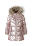 Girls shiny pink winter coat with detachable faux fur hood, front zip, and zippered chest pocket.