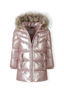 Girls shiny pink winter coat, front view, with detachable faux fur hood and zippered pockets.