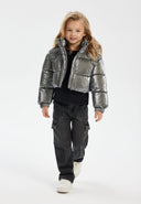 Cropped metallic padded jacket in grey, front view, with stand collar and zip fastening.