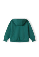 Back view of a girls' green zip-through hoodie with a hood and ribbed cuffs.