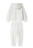 Girls hooded tracksuit set in white, back view with drop shoulder top and elasticated joggers.