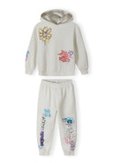 Girls hooded tracksuit in cream with printed details, featuring a hooded top and elasticated waistband bottoms.