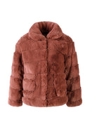 Girls brown faux fur jacket with collar, front view, featuring pockets.
