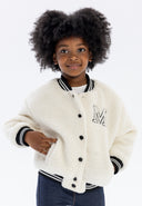 Girls cream borg baseball jacket, front view with chest embroidery and ribbed cuffs.