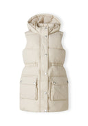 Girls padded gilet in cream, front view, featuring snap fastening and two front pockets.