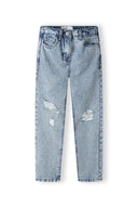 Light blue ripped mom jeans for girls, front view with relaxed fit and tapered ankles.