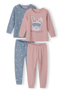Girls long sleeve pyjamas set in light blue and pink with ribbed cuffs and playful patterns.