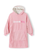 Oversized pink fleece hoodie for girls with a large hood and kangaroo pocket.