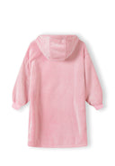 Back view of an oversized pink fleece hoodie for girls, featuring a large hood and elastic cuffs.