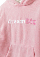 Close-up of a pink fleece hoodie for girls, featuring a large hood and kangaroo pocket, with 'dreamBig' embroidery.
