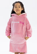 Oversized pink fleece hoodie for girls, featuring a large hood and kangaroo pocket.