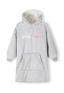 Oversized grey girls hoodie with hood and kangaroo pocket, detail view.