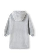 Back view of an oversized grey girls hoodie with a hood and elastic cuffs.