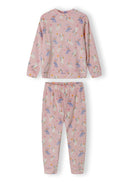 Girls long sleeve pyjama set in pink with playful animal prints, featuring ribbed cuffs and elasticated waistband.