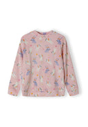Girls long sleeve pyjama top in pink with playful animal print, back view.