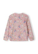 Girls long sleeve pyjama top in pink with colorful animal print, back view.