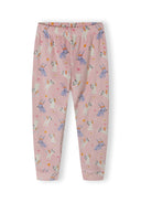 Girls long sleeve pyjama trousers in pink with playful animal print, close-up view.
