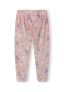 Detail of girls' pink velour pyjama trousers with playful animal print and elasticated waistband.