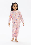 Girls long sleeve pyjama set in pink with playful patterns, featuring ribbed cuffs and elasticated waistband.