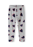 Detail of girls' grey pyjama pants with heart print and elasticated waistband.
