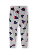 Girls velour pyjama bottoms in grey with heart print, back view.