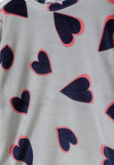 Detail of girls velour pyjama top in grey with pink and navy heart print.