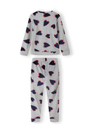 Girls long sleeve pyjama set in grey with heart print, back view.
