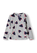 Girls long sleeve pyjama top in grey with heart print, front view.