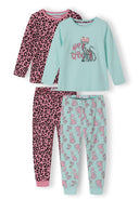 Two-pack girls' long sleeve pyjamas featuring a pink leopard print top and turquoise bottoms with cat graphics.