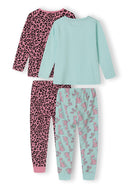 Two-pack girls' long sleeve pyjamas featuring a pink leopard print top and turquoise bottoms with cat print, back view.