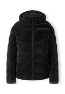 Front view of a black padded women's jacket with a hood and front zip.
