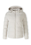 Women’s padded jacket in light grey, front view with hood and full-length zip.
