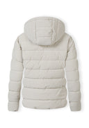 Back view of a women's padded jacket with a hood and quilted design.
