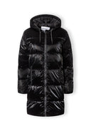 Black midi length puffer jacket with hood, zip front, and two pockets.