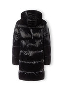 Back view of a black midi length puffer jacket with a hood and ribbed cuffs.