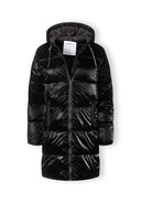 Women midi length black puffer jacket, front view, features hood and two front pockets.