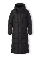 Long black padded winter coat with hood and zip pockets, front view.