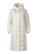 Maxi length padded jacket in cream with hood and front zip.